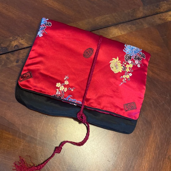 Made In China Handbags - Red Embroidered Satin Fold-Over Cosmetic/Jewelry Pouch with Braided Tie